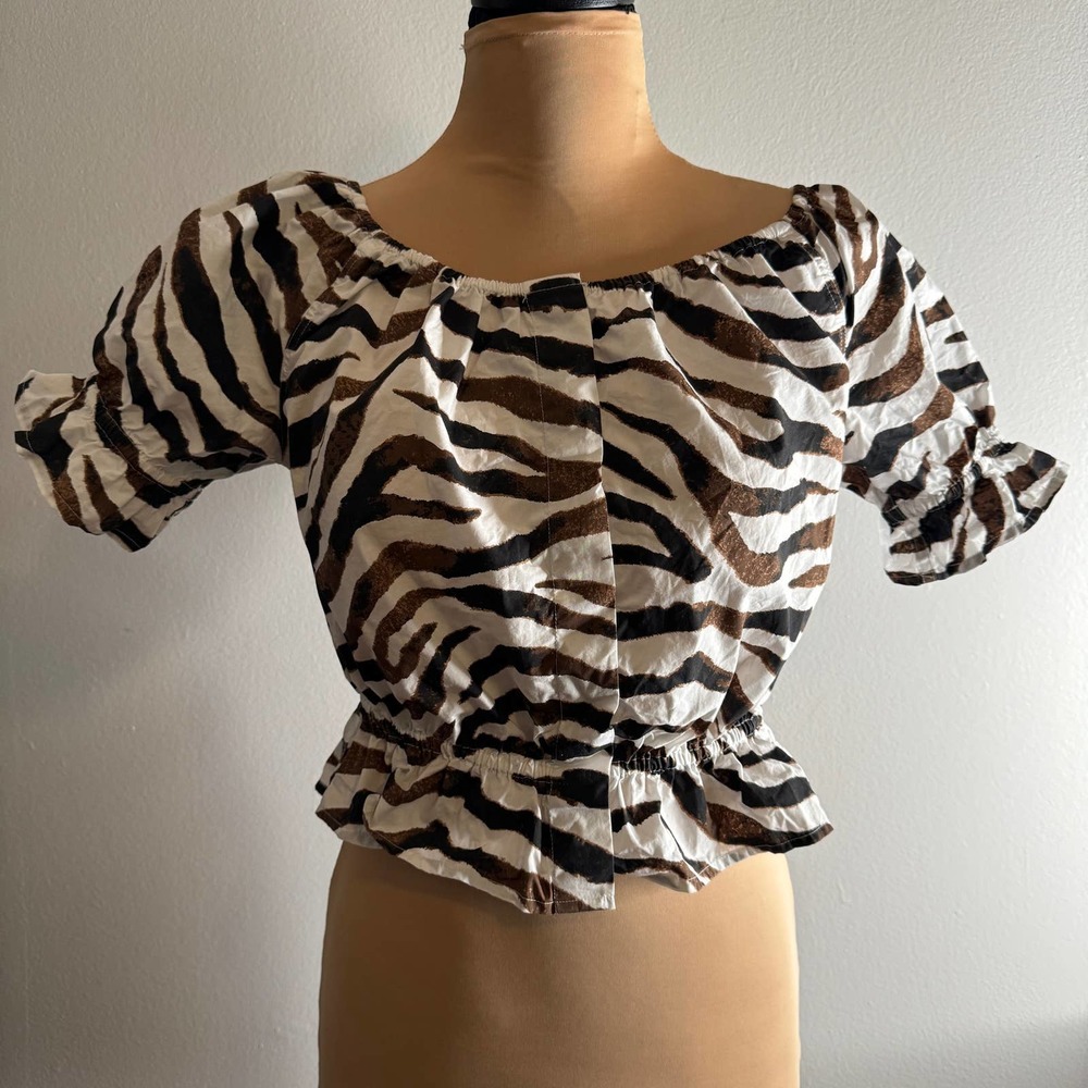 J.Crew brown Zebra Stripes Cotton Blouse Button Down Top Small S Buttons